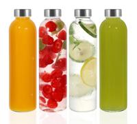 LIMILI Glass Bottles With Stainless Steel Lids, 4 Pack 750ml Water Bottles, Leak Proof Reusable for Hot Cold Drinks, Work, Gym, Home
