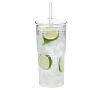 LIMILI Iced Coffee Cup, 600ml/ 20oz Glass Tumbler with Straw and Lids, Thickened Drinking Glasses, Ideal for Cocktails, Juices, Smoothies, Beer, Milk, Water, Tea, Whiskey, Cola (1 Pack)