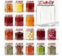 LIMILI Jam Jars with Lids, 280ml Hexagonal Wide Mouth Glass Jars with lid, for Pickling, Preserving, Chutney, Meal Prep, Sauce, Salad (24pcs - Red Lids)