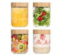 LIMILI Overnight Oats Jar, 4 Pack Glass Overnight Oats Containers with Wooden Lids, Wide Mouth Glass Jars Breakfast Pots for Cereal, Yogurt, Salad, Chia Pudding (500ml - 4pcs)