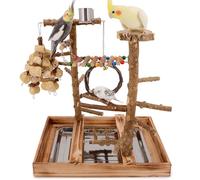 LIMIO Bird Playground - Natural Wood Bird Perch Stand with Removable Tray and 2 Stainless Steel Cups