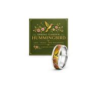 Limited Edition Inspirational Strength Ring for Women, Love Peace & Spring Blessings Hummingbird Bee Pattern Botanical 8mm Wide Chunky Resin-sealed Finish Band Stainless Steel Wedding Anniversary