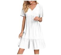 Limited time Deals Summer Dresses for Women UK Fashion V-Neck Pleated Swing Sundress Casual Loose Fit Maxi Dress Boho Shorts Sleeve Beach Coverup Try Before You Buy Dress B White
