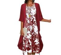 Limited time Deals Summer Dresses for Women UK Plus Size Two Piece Sleeveless Midi Dress with Chiffon Cardigan Fashion Floral Print Loose Fit Dresses Under 10 pounds C Red