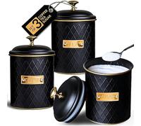 Limitless Essentials Tea Coffee Sugar Canisters - Elegant Matte Black and Gold Labelled Coffee Tea Sugar Set - Metal with Diamond Pattern & Airtight Lids, Ideal for House Warming Gifts New Home