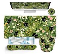 LIMKRIAN Cat Ergonomic Mouse Pad with Wrist Rest Desk Mat Set, Green Gaming Mouse Pad Wrist Support, Keyboard Mat Wrist Rest Cup Coaster Funny Office Decor
