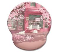 LIMKRIAN Cat Ergonomic Mouse Pad with Wrist Rest, Pink Cherry Blossom Computer Mouse Pad Wrist Support with Non-Slip Pain Relief PU Base, Cute Office Desk Decor Accessories Japanese Dessert House