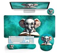 LIMKRIAN Desk Mat, Large Gaming Mouse Pad with Wrist Rest, Ergonomic Keyboard Mat, Cup Coaster, Home Office Desk Accessories, Cute Elephant