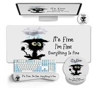 LIMKRIAN Desk Mat with Wrist Rest, Large Gaming Mouse Pad, Keyboard Mat, Cup Coaster, Home Office Accessories, Funny Black Cat