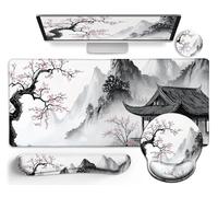 LIMKRIAN Japanese Ergonomic Mouse Pad Large Desk Mat Set, XXL Anime Mousepad with Wrist Rest, Wrist Support Gaming Keyboard Mat Cup Coaster Set, Japanese Style Office Desk Accessories Decor