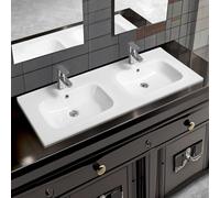 Limoge 4010 Ceramic 121cm Thin-Edge Double Inset Bathroom Basin with Dual Oval Bowls - Modern Drop-in Self-Rimming Top-Mount Rectangular Sink for Vanity or Countertop Installation