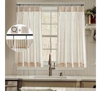 LIMON HOME Kitchen Window Curtains Over Sink,Cafe Curtains 36 inch Length Striped Linen Curtain Rings with Hooks Set Pinstripe for Living Room Bathroom Farmhouse Curtains 2 Panels Tan on Nature