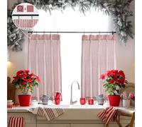 LIMON HOME Set of 2 Christmas Kitchen Curtains 24 inches long, red striped pleated kitchen curtains with hooks and rings, burgundy kitchen curtains