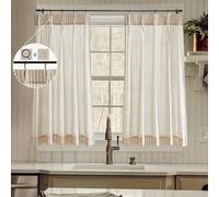 LIMON HOME Short Pinch Pleated Kitchen Curtains, 45 Inch Length, Ticking Stripe Linen Curtains with Hooks Rings, Rustic Country Farmhouse Style, 45 in Long 2 Panels Tan on Natural