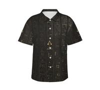 LimPac Ancient Egyptian Hieroglyph Men's Hawaiian Short Sleeve Button Down Shirt, Summer Tropical Casual Wear with Pockets, Black, Medium