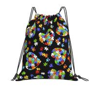 LimPac Autism Awareness Puzzle Pieces Heart Print Drawstring Bags Gym Backpack Cinch Bag, Travel Beach Sports String Sack For Women Men, White, One Size