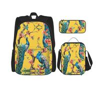 LimPac Beautiful Peacock Stylish Travel Backpack, Lunch Box, Pencil Case Set, Cute Water Resistant Durable Lightweight Black, One Size, Black, Rozmiar uniwersalny