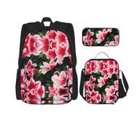 LimPac Beauty Red Floral Flowers Stylish Travel Backpack, Lunch Box, Pencil Case Set, Cute Water Resistant Durable Lightweight Black, One Size, Black, One Size