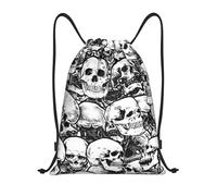 Limpac Black and White Skull Pattern Print Drawstring Gym Backpack Bag, Fitness Travel Beach Sports Storage for Men Women, Black, M