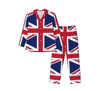 LimPac British Flag Print Men'S Pajamas Sleepwear Set, Soft Long Sleeve Button Dow Loungewear With Pockets, Black, M