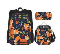 LimPac Cute Animal Fox Flower Stylish Travel Backpack, Lunch Box, Pencil Case Set, Cute Water Resistant Durable Lightweight Black, One Size, Black, Rozmiar uniwersalny
