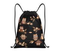 Limpac Cute Brown Cartoon Owl Print Drawstring Gym Backpack Bag, Fitness Travel Beach Sports Storage for Men Women, Black, M