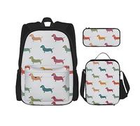 LimPac Cute Dogs Dachshund Stylish Travel Backpack, Lunch Box, Pencil Case Set, Cute Water Resistant Durable Lightweight Black, One Size, Black, Rozmiar uniwersalny