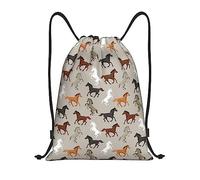 Limpac Cute Horse Print Drawstring Gym Backpack Bag, Fitness Travel Beach Sports Storage for Men Women, Black, M