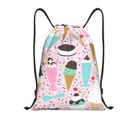 Limpac Cute Ice Cream Print Drawstring Gym Backpack Bag, Fitness Travel Beach Sports Storage for Men Women, Black, M