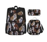 LimPac English Bulldogs Stylish Travel Backpack, Lunch Box, Pencil Case Set, Cute Water Resistant Durable Lightweight Black, One Size, Black, Rozmiar uniwersalny