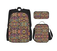 LimPac Ethnic Circle Floral Pattern Stylish Travel Backpack, Lunch Box, Pencil Case Set, Cute Water Resistant Durable Lightweight Black, One Size, Black, Rozmiar uniwersalny