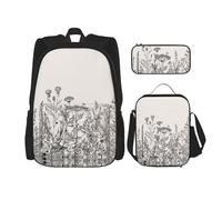 LimPac Floral Herbs Botanical Engraving Stylish Travel Backpack, Lunch Box, Pencil Case Set, Cute Water Resistant Durable Lightweight Black, One Size, Black, One Size