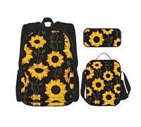 LimPac Floral Sunflower Stylish Travel Backpack, Lunch Box, Pencil Case Set, Cute Water Resistant Durable Lightweight Black, One Size, Black, One Size