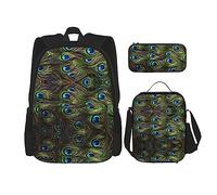 LimPac Fresh Peacock Stylish Travel Backpack, Lunch Box, Pencil Case Set, Cute Water Resistant Durable Lightweight Black, One Size, Black, Rozmiar uniwersalny