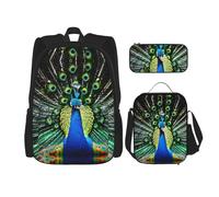LimPac Fresh Peacock Stylish Travel Backpack, Lunch Box, Pencil Case Set, Cute Water Resistant Durable Lightweight Black, One Size, Black, Rozmiar uniwersalny
