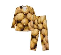 LimPac Garden Potatoes Print Men'S Pajamas Sleepwear Set, Soft Long Sleeve Button Dow Loungewear With Pockets, Black, M