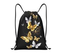 Limpac Gold White Butterflies Black Print Drawstring Gym Backpack Bag, Fitness Travel Beach Sports Storage for Men Women, Black, M