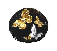 Limpac Gold White Butterflies Black Reusable Luxury Shower Cap For Women, Double Layer Protective Elastic For Women Spa Salon