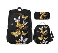 LimPac Gold White Butterflies Black Stylish Travel Backpack, Lunch Box, Pencil Case Set, Cute Water Resistant Durable Lightweight Black, One Size, Black, Rozmiar uniwersalny