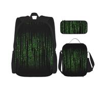 LimPac Green Number Binary Print Daypack Set, Backpack Lunch Box And Pencil Case Combo For Casual College Travel, Black, One Size