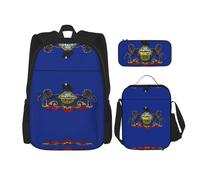 LimPac Pennsylvania State Flag Print Daypack Set, Backpack Lunch Box And Pencil Case Combo For Casual College Travel, Black, One Size