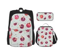 LimPac Pomegranate Pattern Print Daypack Set, Backpack Lunch Box And Pencil Case Combo For Casual College Travel, Black, One Size