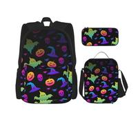 LimPac Rainbow Halloween Ghost Witch Hat Spiders Print Daypack Set, Backpack Lunch Box And Pencil Case Combo For Casual College Travel, Black, One Size