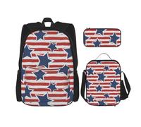 LimPac Red White Star Stripe Flag Print Daypack Set, Backpack Lunch Box And Pencil Case Combo For Casual College Travel, Black, One Size