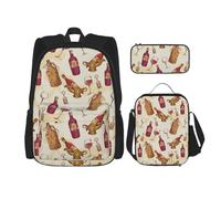 LimPac Red Wine Print Daypack Set, Backpack Lunch Box And Pencil Case Combo For Casual College Travel, Black, One Size
