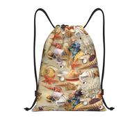 Limpac Starfish Scallop Sandy Beach Theme Print Drawstring Gym Backpack Fitness Travel Sports Storage Bag for Men Women, Black, S