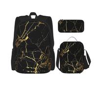 LimPac Stylish Gold Marbling Texture Print Daypack Set, Backpack Lunch Box And Pencil Case Combo For Casual College Travel, Black, One Size