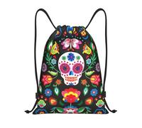 Limpac Sugar Horror Skull and Flowers Print Drawstring Gym Backpack Bag, Fitness Travel Beach Sports Storage for Men Women, Black, S