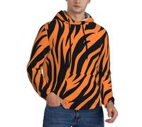 LimPac Tiger Stripes Orange Pattern Print Sweatshirt Men'S Hoodie, Casual Long Sleeves Pullover With Drawstring And Pocket, Black, 3XL