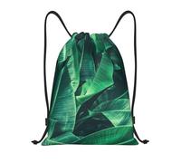 Limpac Tropical Banana Leaf Print Drawstring Gym Backpack Bag Fitness Travel Beach Sports Storage for Men Women, Black, M